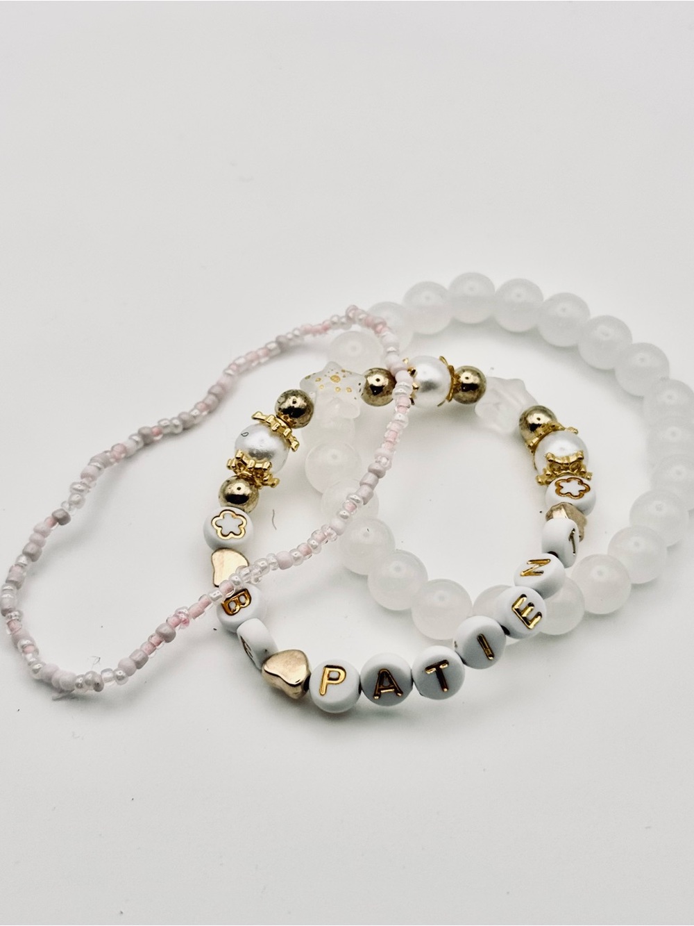 Hand Crafted White and Gold “Be Patient” Beaded Fidget Bracelet Set